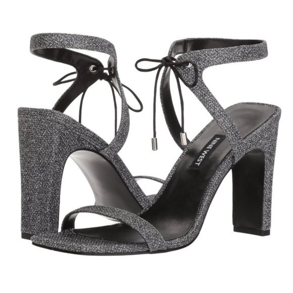Nine West Size 6.5 Black Silver Sparkly‎ Square Toe Dress Sandals Heels Shoes